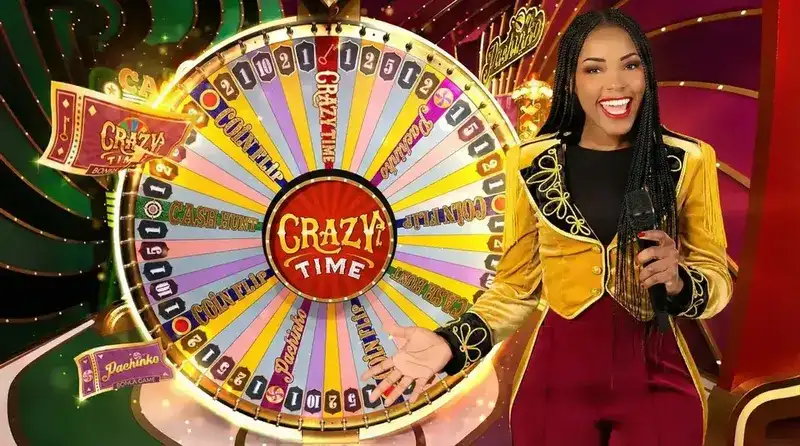 Crazy Time live studio — professional host with the money wheel and bonus game boards