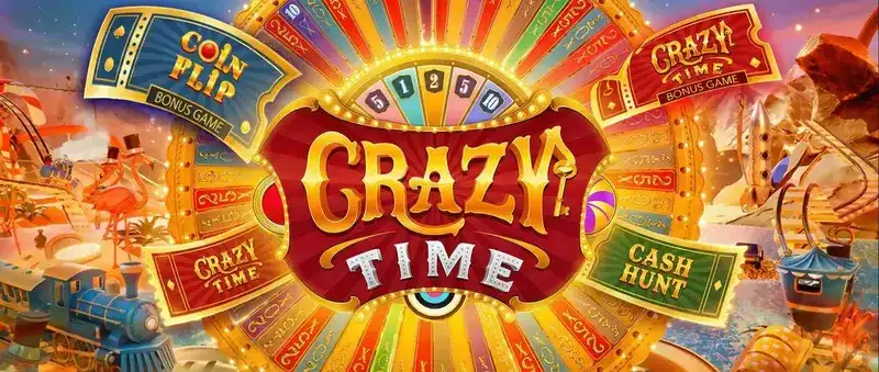 Crazy Time bonus rounds overview — wheel with Coin Flip, Cash Hunt, Pachinko, Crazy Time bonus cards
