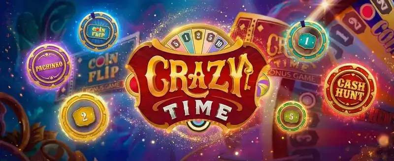 Crazy Time segments and bonus game icons — Pachinko, Coin Flip, Cash Hunt with number chips
