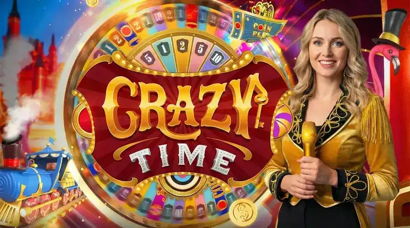 Crazy Time live game — presenter with the money wheel and bonus game cards